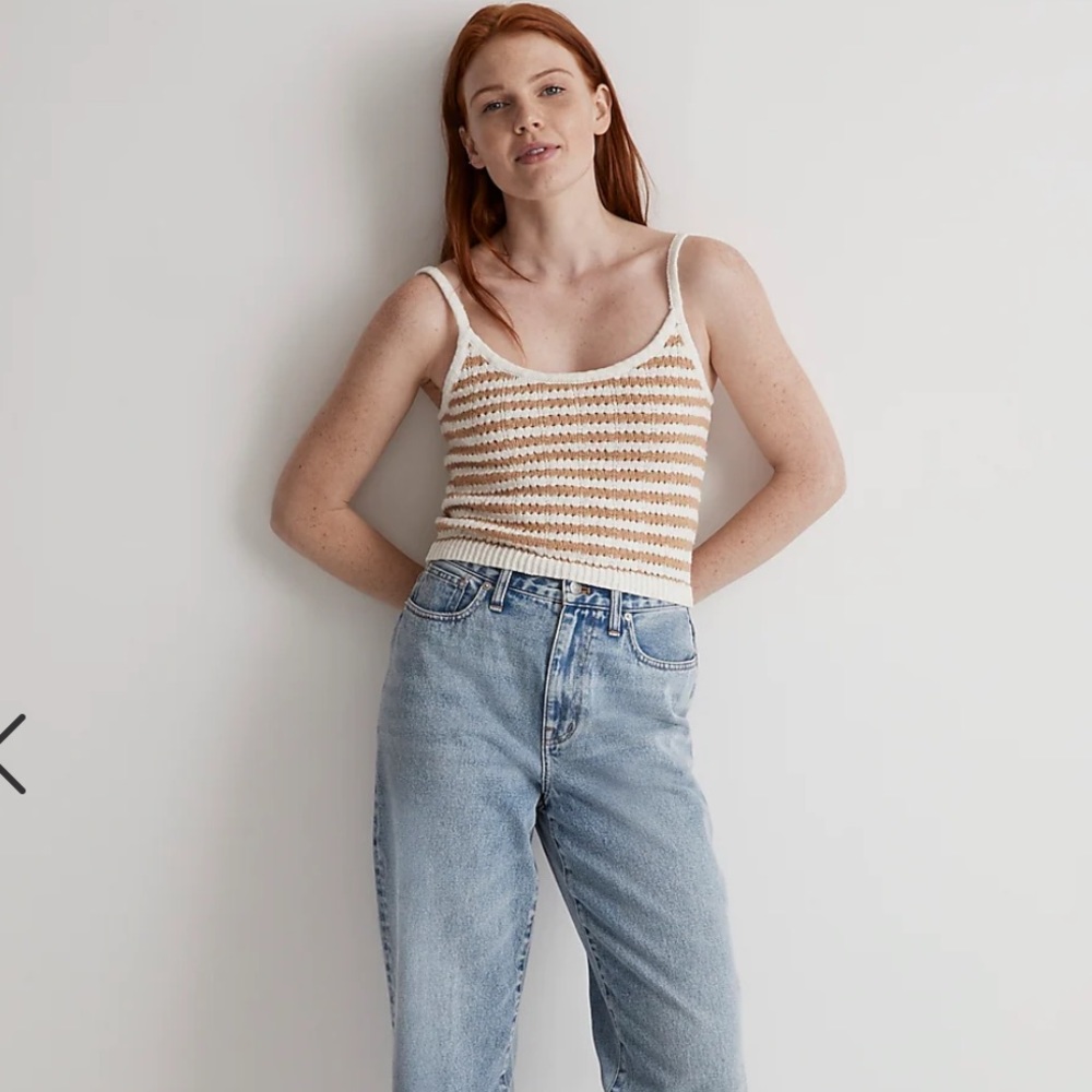 New Madewell Striped Open-Stitch Sweater Tank Size XXS tan white knit